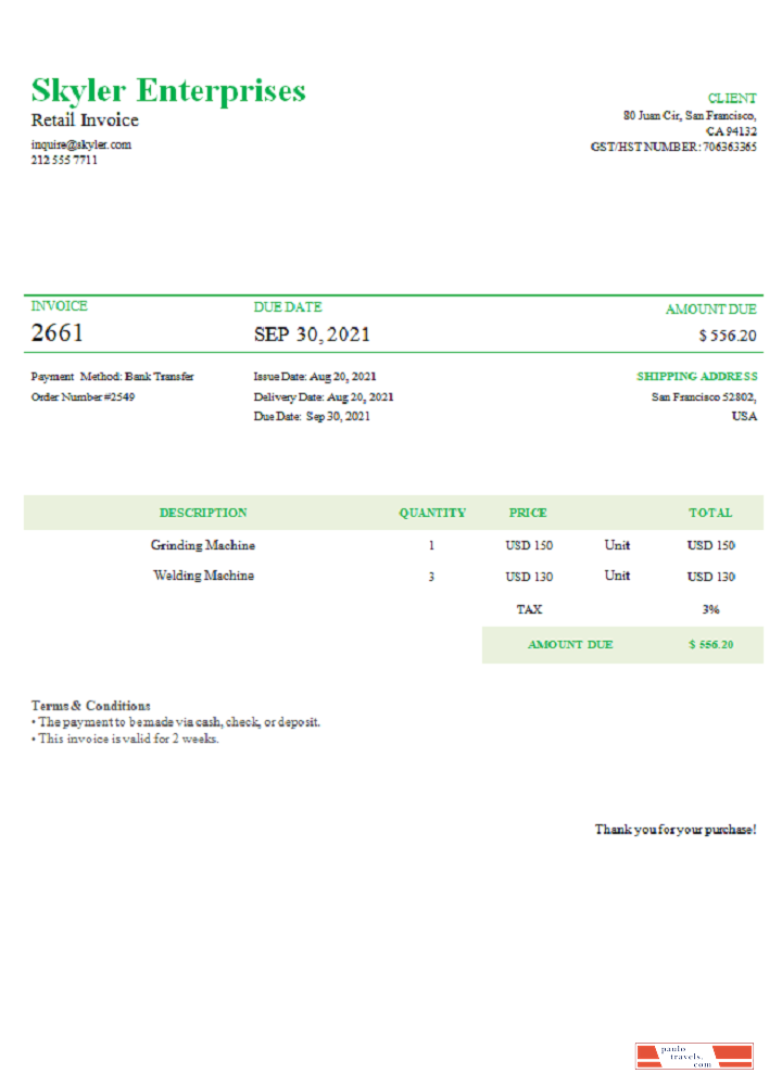 USA Skyler Enterprises invoice PSD template